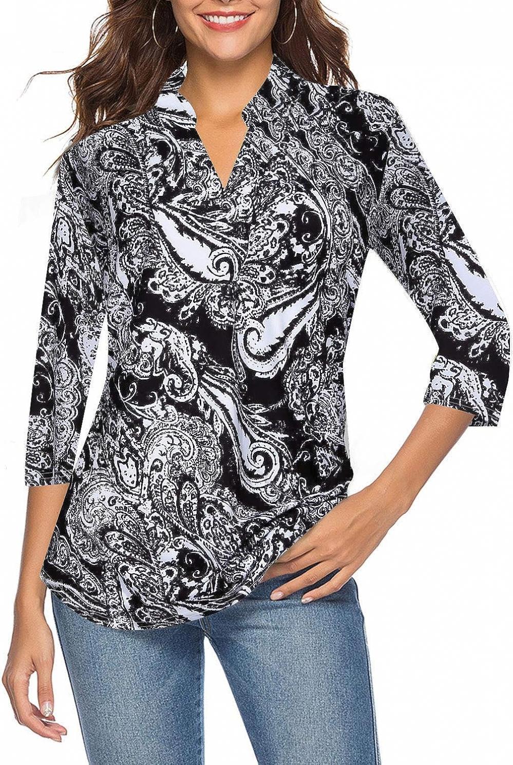 CEASIKERY Women's 3/4 Sleeve V Neck Tops Casual Tunic Blouse Loose Shirt