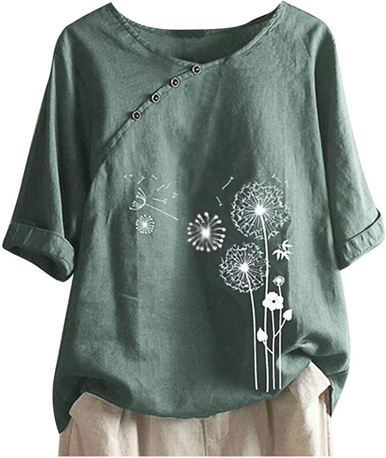 DASAYO Linen Button Down Shirt Women Round Neck Dandelion Print Half Sleeve Tops Blouse Loose Trendy Going Out Shirts Top