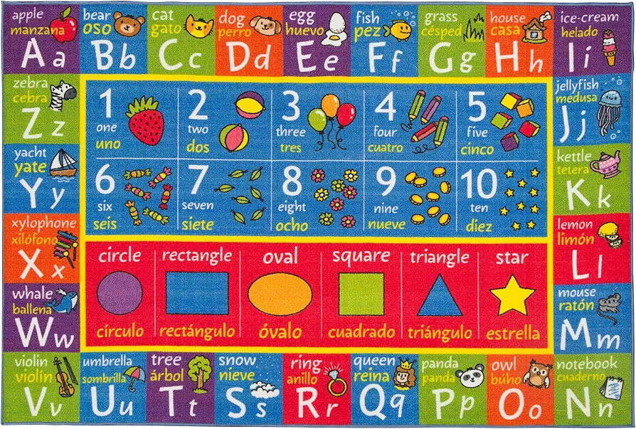 KC Cubs ABC Alphabet, Numbers, Shapes + Spanish Translations Educational Learning Game Play Boy & Girl Kids Area Rug Carpet for Children Bedroom, Toddler Classroom, & Baby Playroom Floor Activity Mat