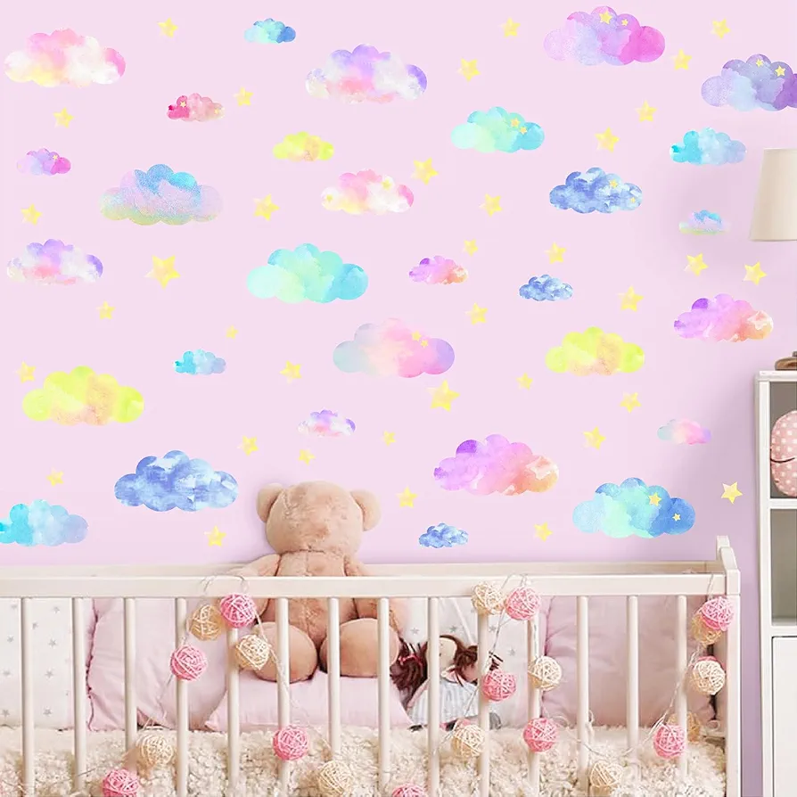 Colorful Clouds Wall Decal Watercolor Cloud Wall Decals Cloud Star Wall Stickers Removable Cloud Stickers for Walls Cute Cloud Wall Stickers for Nursery Baby Room Bedroom Girl Room Decor