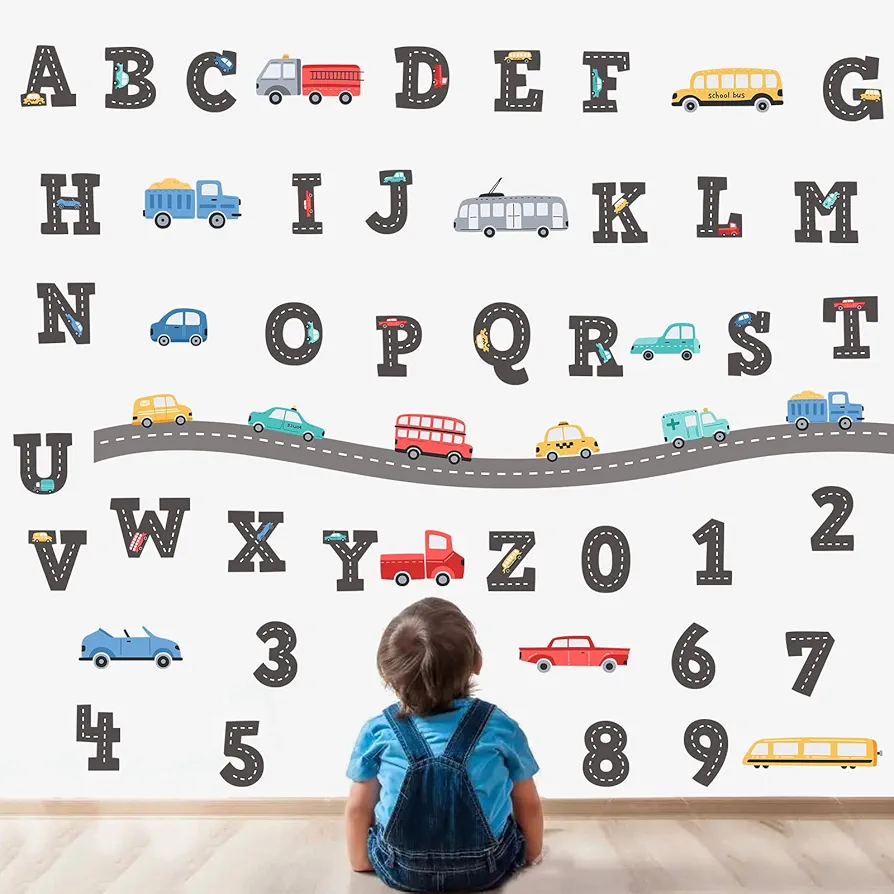 Cartoon Car Alphabet Wall Stickers, Learning Colors Number Preschool Wall Decals and Art Wall Decors Easy to Peel and Stick, Suitable for Nursery, Baby Room, Kids Playroom, Classroom