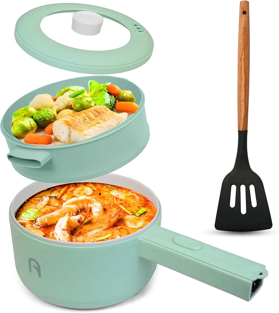 Electric Cooker, 2L Non-Stick Sauté Pan, Rapid Noodles Mini Pot for Steak, Egg, Fried Rice, Ramen, Oatmeal, Soup, Adjustable Power, College Dorm Room Essential, Includes Egg Rack