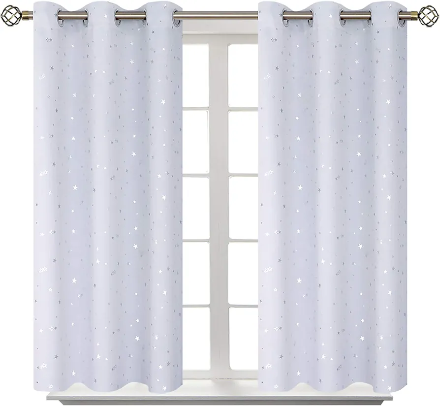 BGment Kids Room Curtains for Bedroom - Grommet Thermal Insulated Silver Star Print Room Darkening Curtains for Living Room, Set of 2 Panels, 42 x 45 Inch, Greyish White