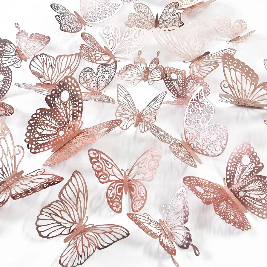 60Pcs 3D Butterfly Wall Decal Birthday Cake Party Decoration 5 Style Mural Sticker Art Craft Kid Nursery Classroom Wedding Baby Shower Decorative Girl Bedroom Home Room Office Decor (Rose Gold)