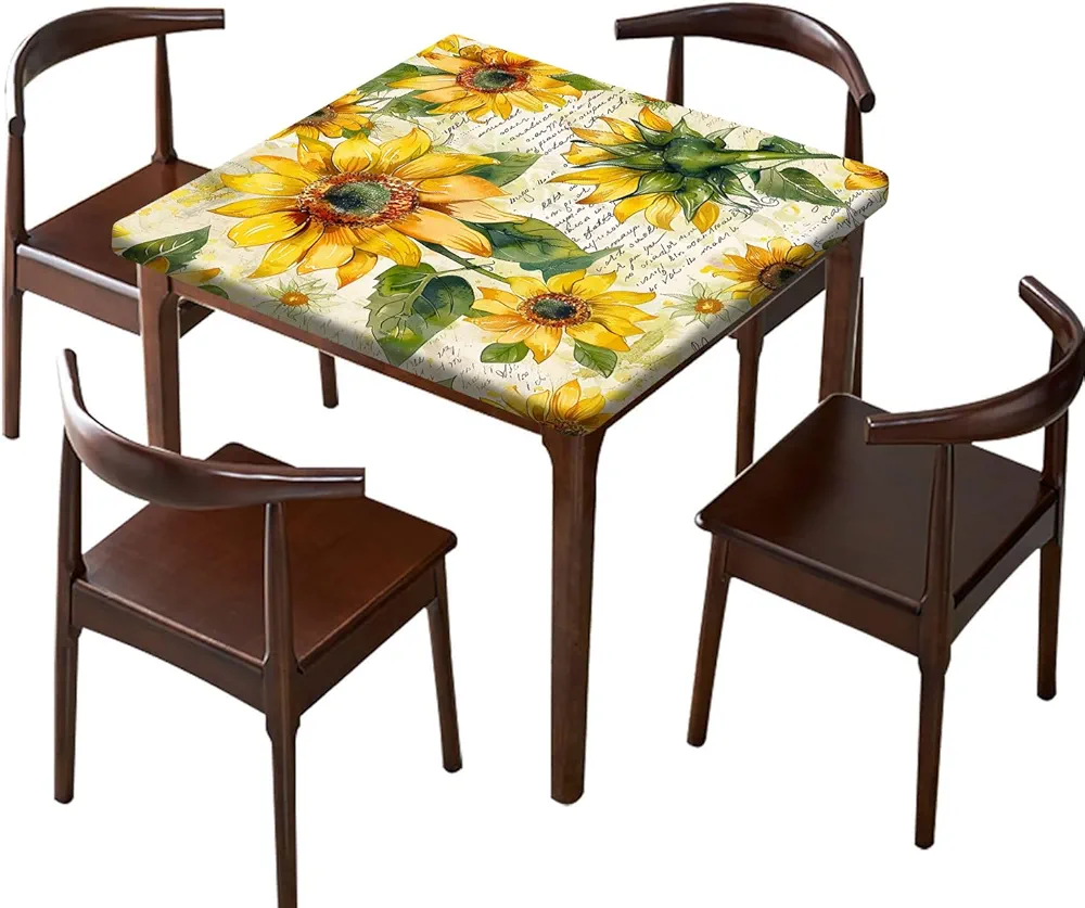 SongYi Vintage Floral Fitted Tablecloth Square, Gold Yellow Flower Elastic Edge Home Decor Table Clothes Washable Polyester Tablecloths for Family Dining Room Patio Use, Fits 36"" x 36"" Square Table