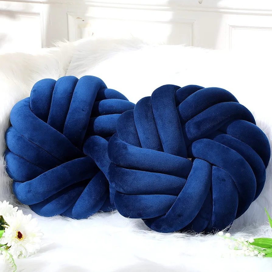 Fumete Royal Blue Decorative Pillows 14 x 14 Inch Throw Knot Pillow for Couch Bedroom Soft Plush Sofa Pillow Ball Handmade Chair Cushion for Living Room Car Decorations (2 Pcs)