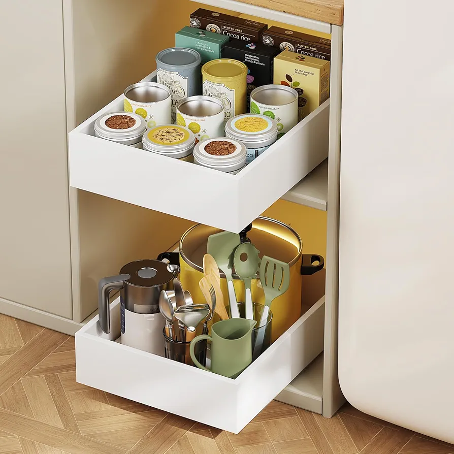 2 Pack Pull Out Cabinet Organizer, Sliding Pots and Pans Organizer Under Cabinet, Wooden Slide Out Storage Shelf, Under Sink Organizer for Kitchen, Bathroom, Living Room. Fixed with Adhesive Tape.