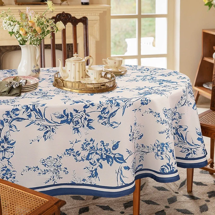 Bnejvif Oval Tablecloth Blue Floral Tablecloth, Modern Floral Oval Tablecloth, Blue Floral Tablecloth, Indoor/Outdoor Waterproof Wrinkle Free Durable Blue Tablecloth for Oval Tables 54 X 72 in