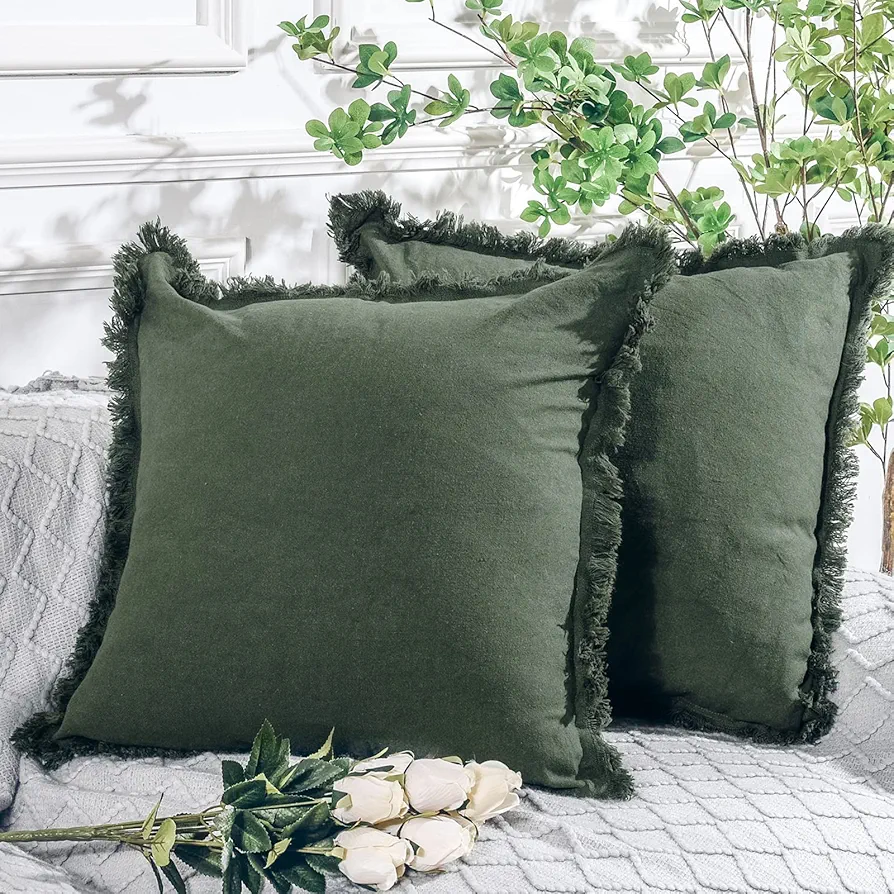 NEXHOME PRO Boho Throw Pillow Covers for Couch Set of 2 18"x18", Handmade Decorative Linen Pillow Covers Shams for Sofa, Living Room, Farmhouse Fringed Cushion Covers, Forest Green (NO Insert)