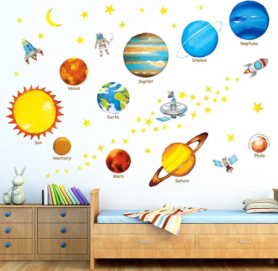 Decowall DS8-1307 Planets in The Space Kids Wall Decals Wall Stickers Peel and Stick Removable Wall Stickers for Kids Nursery Bedroom Living Room