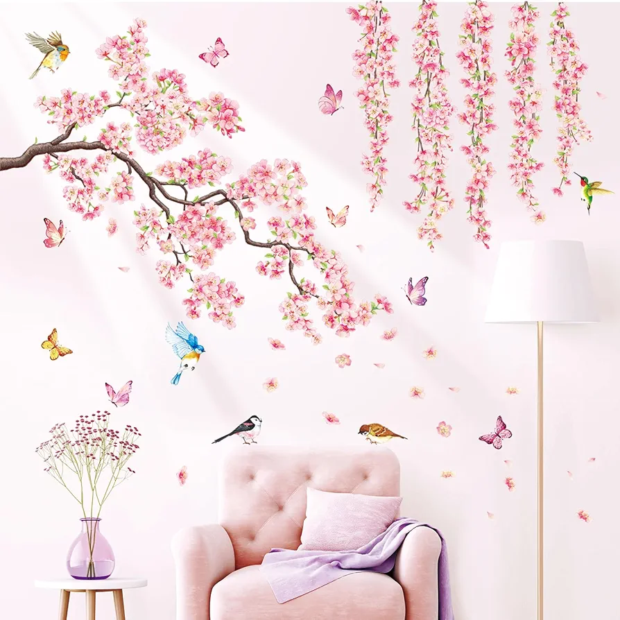 DECOWALL SG3-2320 Cherry Blossom Flower Wall Stickers decals branches birds butterflies art bedroom floral flower girls home kids living nursery pink room tree nursery décor baby