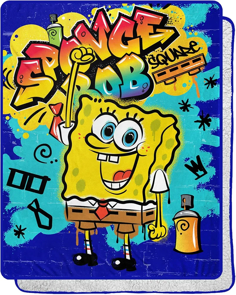 Northwest Spongebob Squarepants Silk Touch Sherpa Throw Blanket, 40" x 50", Graffiti Bob