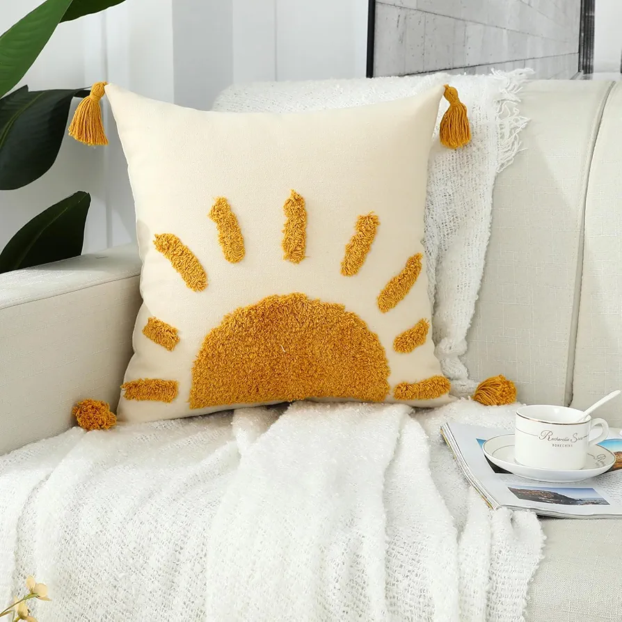 Boho Throw Pillow Covers 20x20, Woven Tufted Sun Decorative Pillow Covers with Tassels Moroccan Modern Pillowcase for Sofa Bedroom Living Room Home Decor, Yellow