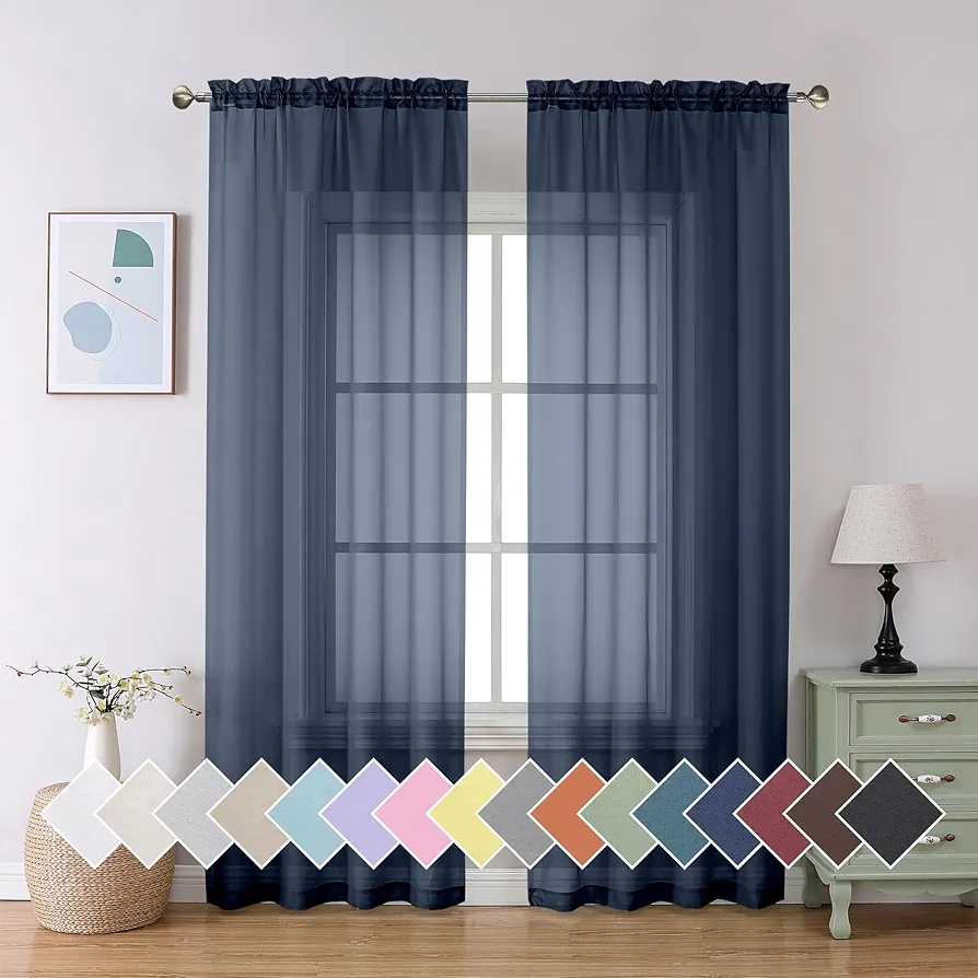 Sheer Navy Blue Curtains 84 inch Length 2 Panels Set, Airy Soft-Touching Rod Pocket Voile Drapes for Living Room/Bedroom, Each 40W x 84L