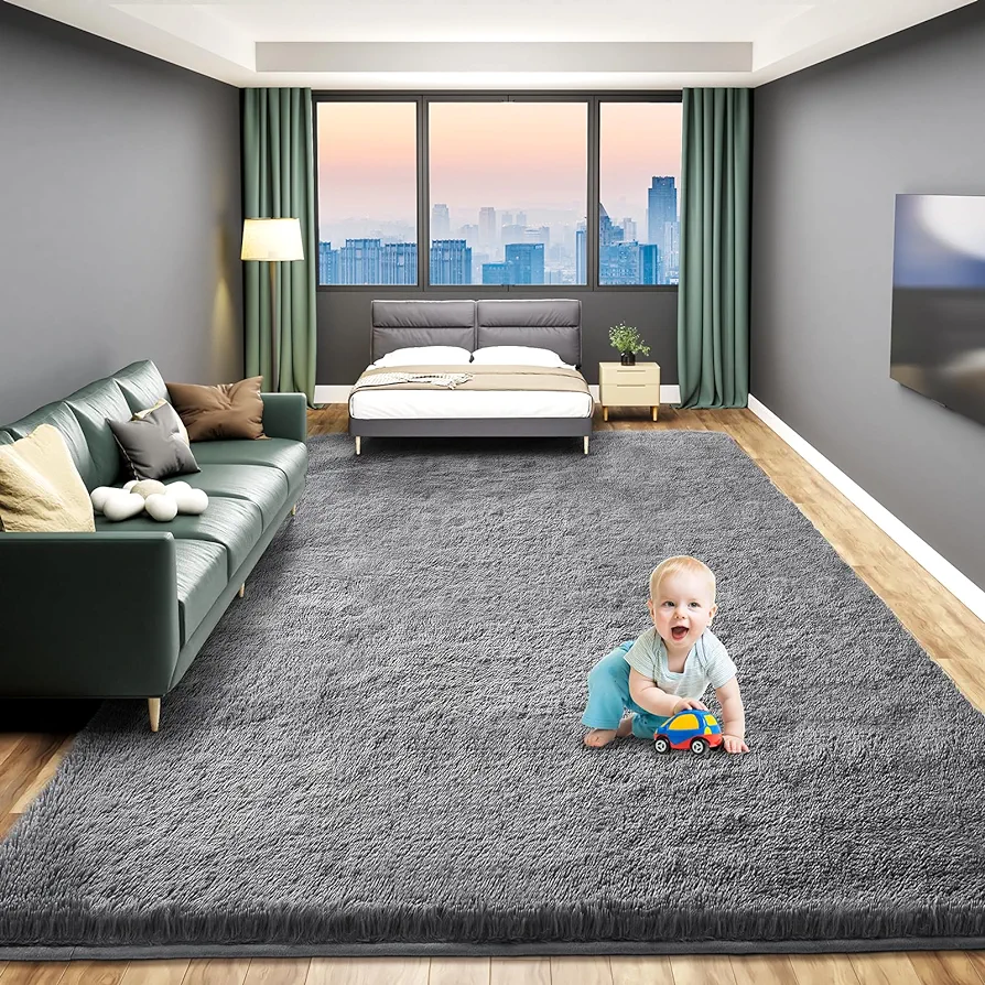 Large 8x10 Area Rugs for Living Room, Luxury Fluffy Shag Fuzzy Plush Soft Modern Area Rugs, Big Indoor Thick Soft Nursery Rug, Anti-Skid Fluffy Indoor Carpet for Kids Room Home Decor, Dark Grey