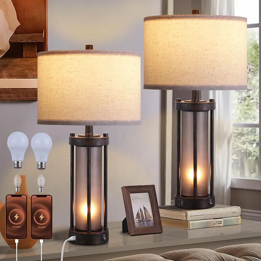 Farmhouse Table Lamps Set of 2, Table lamp for Living Room with 2 USB Ports, Vintage Rustic Nightstand Lamps with Amber Glass Nightlight, Retro Desk Lamps for Bedroom Entryway, Included Bulbs.