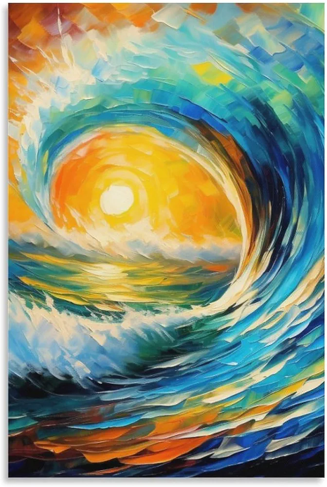 HHGaoArt Great Wave Canvas Wall Art Ocean Surfing Sunset Poster Travel Beach Prints Aesthetic Oil Painting Type Artwork Picture for Living Room Decor Unframe (Wave,16x24inch)