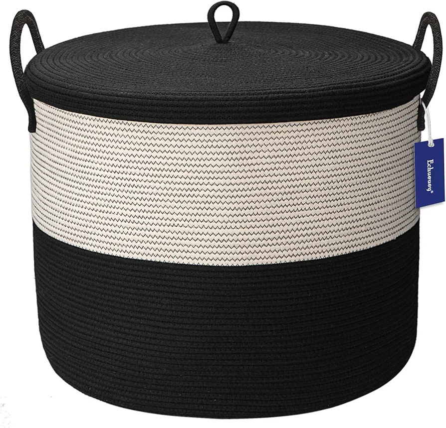 XXXXL Extra Large blanket basket with lid 21"x21"x18" blanket storage for living room,Large woven storage basket round laundry basket rope basket 115L Black