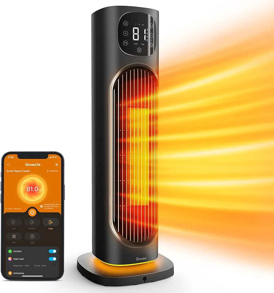 Govee Smart Space Heater for Indoor Use, 1500W Ceramic Tower Heater with Thermostat APP&Voice Control, Quiet Portable Electric Heater with RGB Night Light for Large Rooms, Bedroom, Office