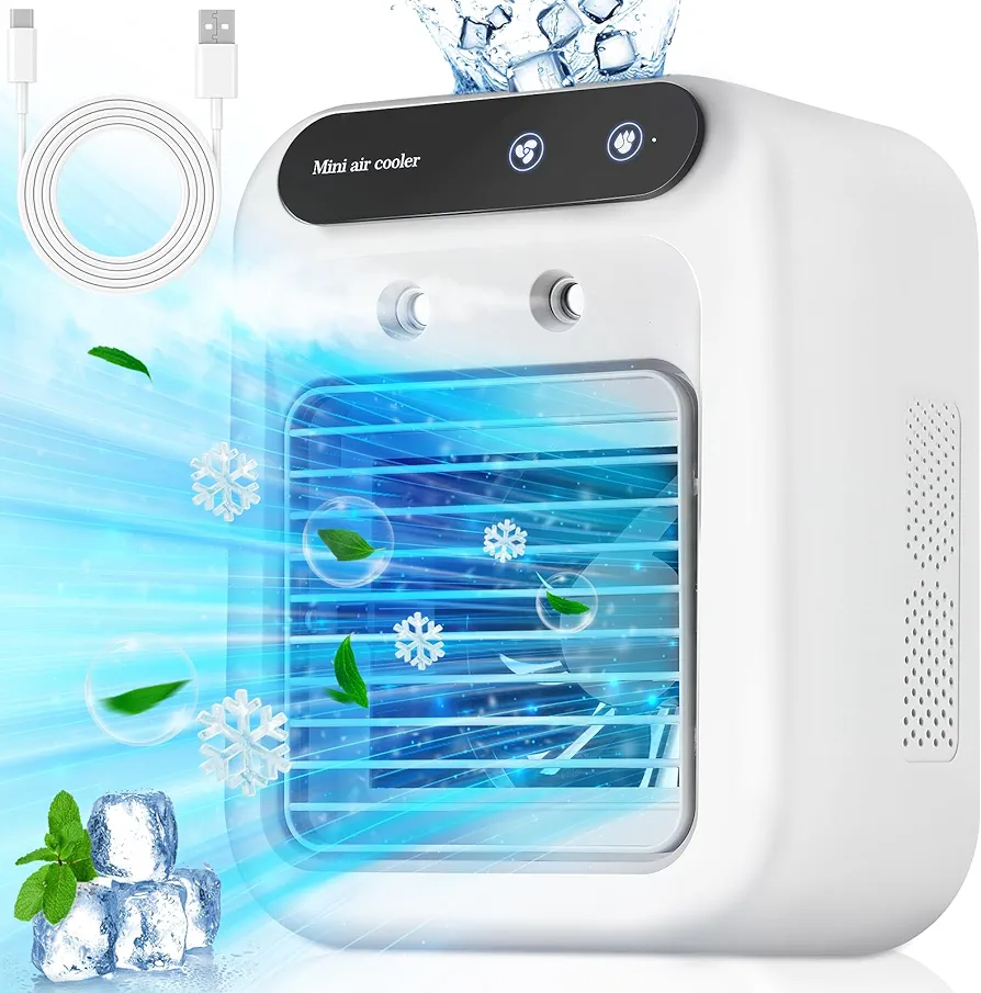 Portable Air Conditioners, 5000mAh Rechargeable Mini Air Conditioner with 2 Cool Mists & Speeds, 2024 Upgraded Personal Desk Air Cooler with 500ML Water Tank for Room, Travel, Office