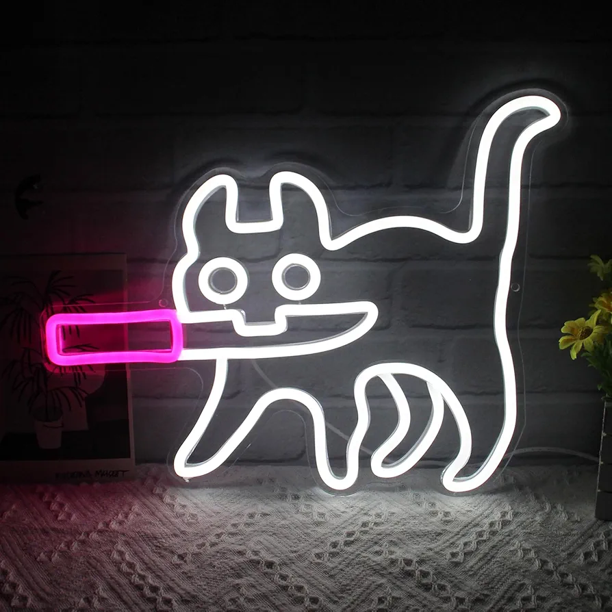 Enamel Cat Neon Light Pink White Cat Neon Signs For Wall Decor Powered Neon Light For Game Room Living Room Birthday Party Gift For Kids (Dimmable USB Sign)