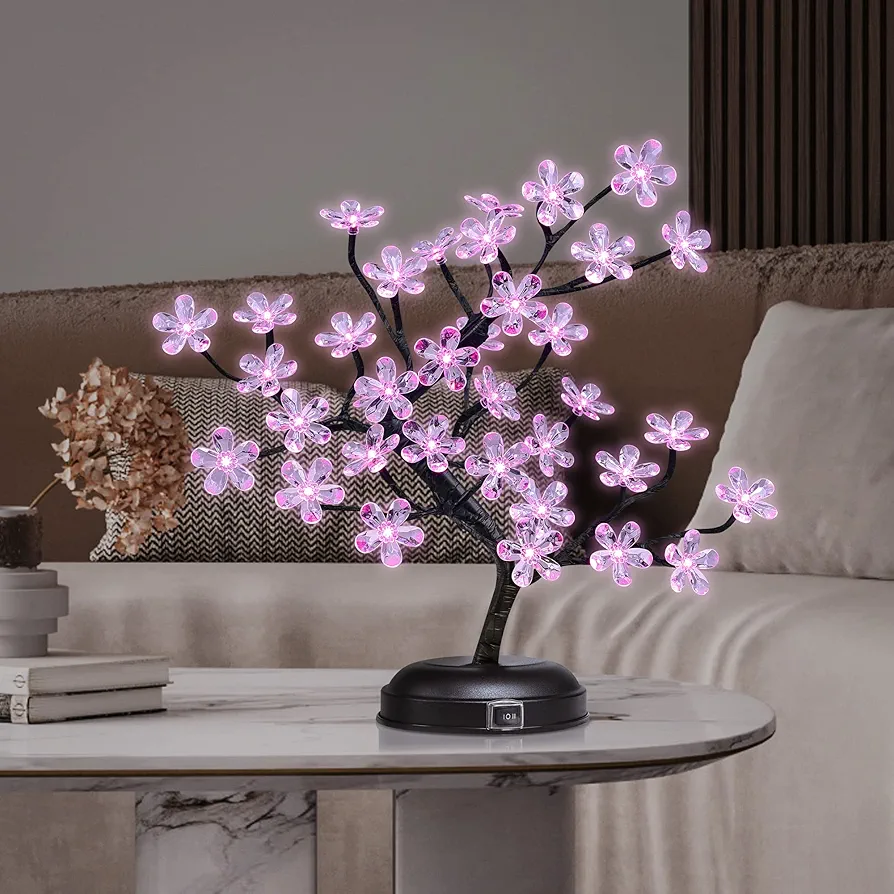 LIGHTSHARE 18-inch Crystal Flower LED Bonsai Tree, Pink Light, 36 LED Lights, Battery Powered or DC Adapter(Included), Built-in Timer