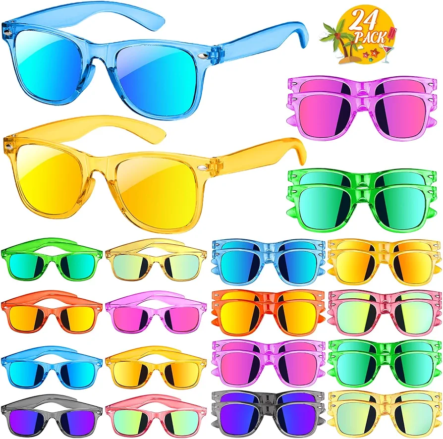 Eunvabir 24Pcs Kids Sunglasses Bulk with UV Protection, Neon Translucent Sunglasses for Summer Beach Party Favors Toys, Goody Bag Stuffers, Classroom Prizes