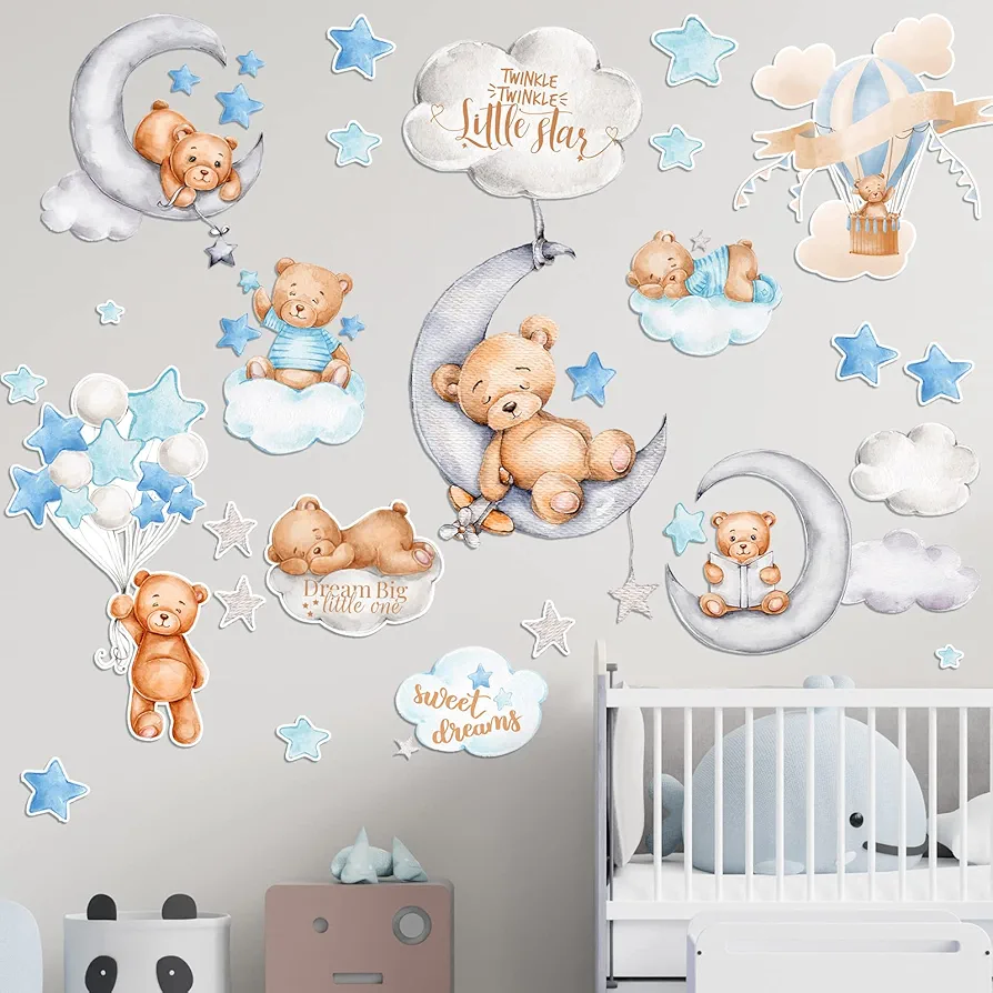 Yinder 12 Sheet 78 Pcs Bear Highland Cow Wall Decals Baby Wall Decals Cute Bear Highland Cow Wall Sticker Nursery Baby Wall Decor for Kids Girls Boys Baby Room Bedroom(Blue Bear)