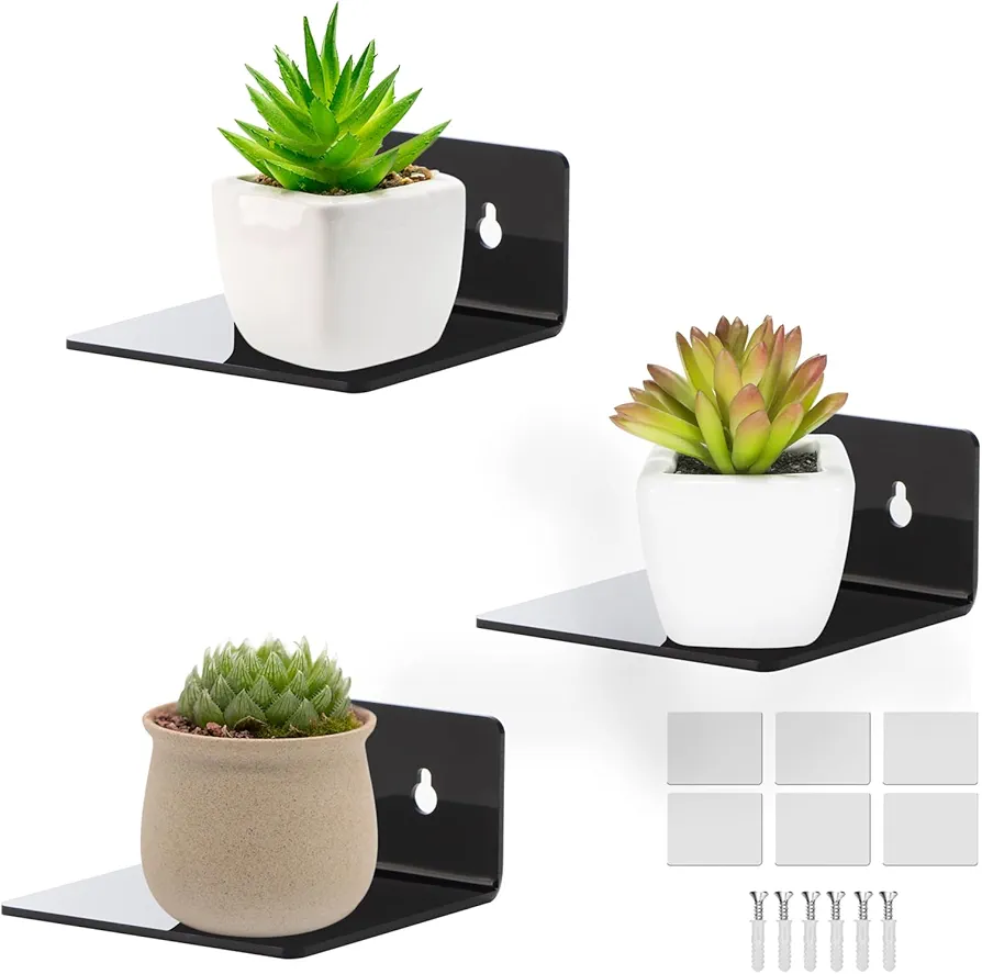 Acrylic Small Adhesive Wall Shelves,Mini Floating Shelves,Acrylic Display Shelves,Ledges for Pop Figures,Plant,Picture Photo Modern Wall for Bedroom Decor Living Room