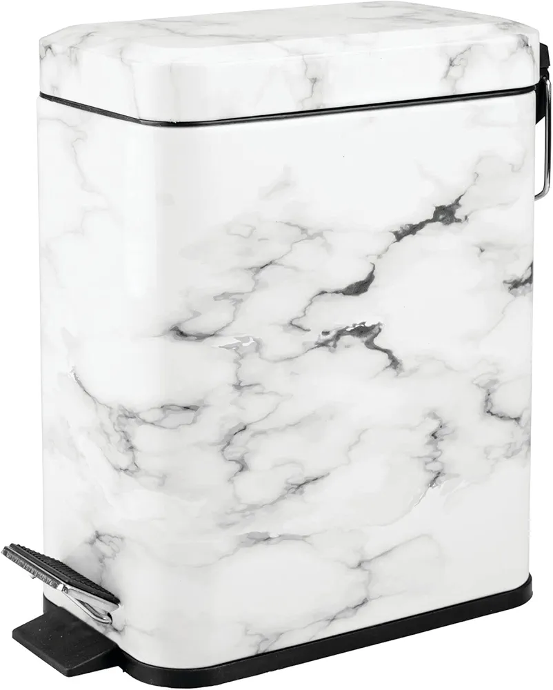 mDesign Small Modern 1.3 Gallon Rectangle Metal Lidded Step Trash Can, Compact Garbage Bin with Removable Liner Bucket and Handle for Bathroom, Kitchen, Craft Room, Office, Garage - White Marble