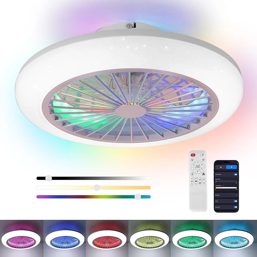 18''RGB Ceiling Fans with Lights and Remote, Smart Enclosed Dimmable Color Changing LED Lighting Fixtures, Low Profile Bladeless Ceiling Fan, Festival Ambient Light for Bedroom Kids Room