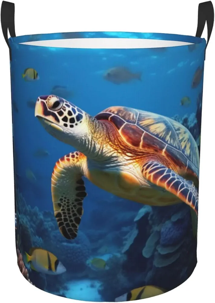 Laundry Baskets with Handles Waterproof Small inches Storage Basket, Collapsible Laundry Hampers, Laundry Room Organization & Apartment Essentials - Sea Turtle with Fishes