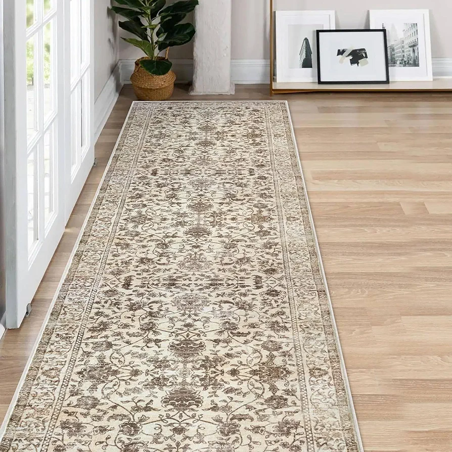 Hallway Runner 2x8 Runner Rug Vintage Floral Rug Washable Rug Kitchen Runner Non-Slip Low Pile Runners for Hallways Laundry Room Rug Distressed Boho Rug, Beige/Brown