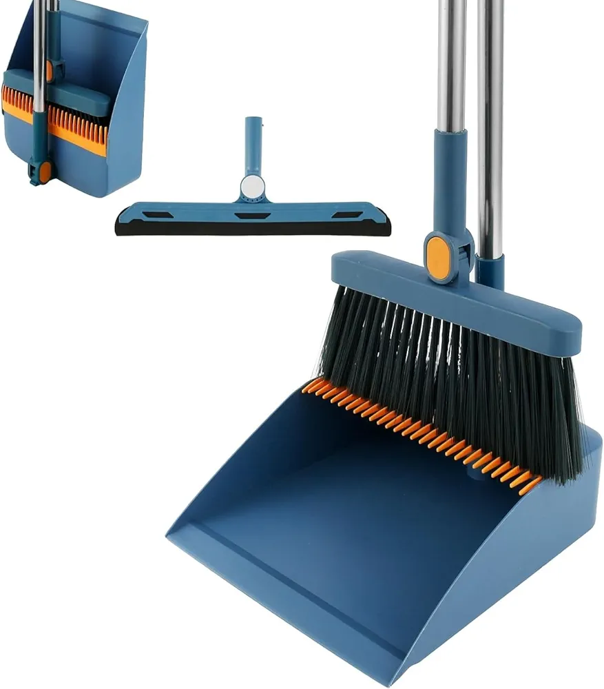 Broom and Dustpan Set Combo - Long Handle Broom with Upright Standing Dustpan - Floor Squeegee Bristle for Home Outdoor Indoor Kitchen Living Room Office Rugs Windows Three Piece Set (Blue)