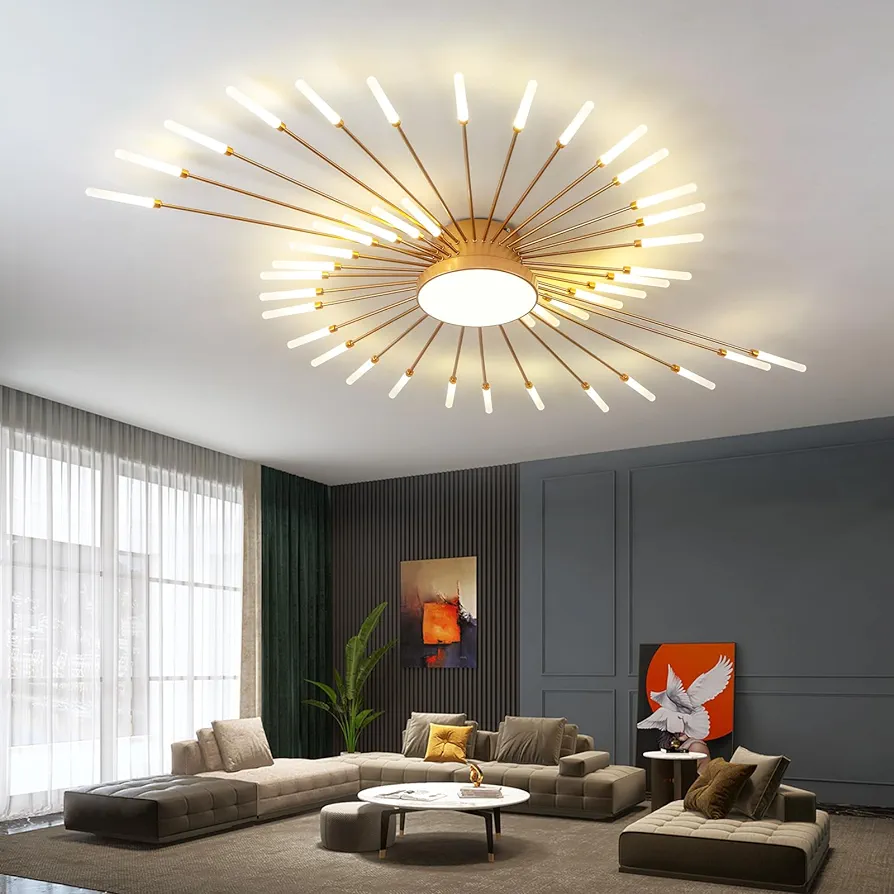 Ceiling Light Modern Flower Shape Ceiling Lamp for Living Room Bedroom Flush Mount Metal Acrylic Sputnik Firework Petal LED Lighting Fixture (Matte Gold, 42+1 Lights)