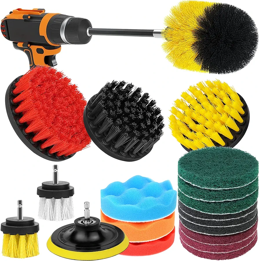 Drill Brush Attachments 20 PCS Scrub Pads & Sponge Power Scrubber Brush with Extend Long Rod All Purpose for Grout, Bathroom Surface, Sinks, Corner, Car Detailing, Carpet, Floor, Laundry Room Cleaning