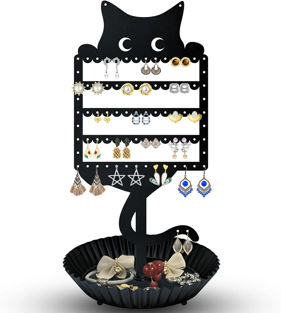 Earring Holder Hanging Organizer Stand Jewelry Rack Metal Cute Cat Tree Shelf Room Decor Table Ear Stud Holder Display Tower with Ring Storage Tray for Teens Girls Kids Cat Lovers