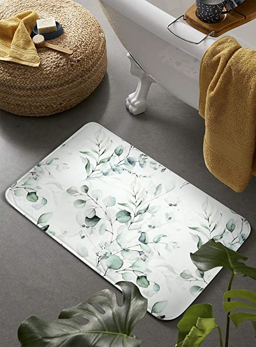 Estmy Green Leaf Bathroom Rugs with Thicken Non-Slip Rubber Backing 20’’W x 31’’L, Bohemian Tropical Botanical Leaves Cute Soft Plush Velvet Absorbent Foam Bath Mat Rug Machine Washable, Quick Drying