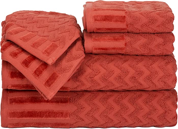 Lavish Home 6-Piece Cotton Deluxe Plush Bath Towel Set – Chevron Patterned Plush Sculpted Spa Luxury Decorative Body, Hand and Face Towels (Brick)