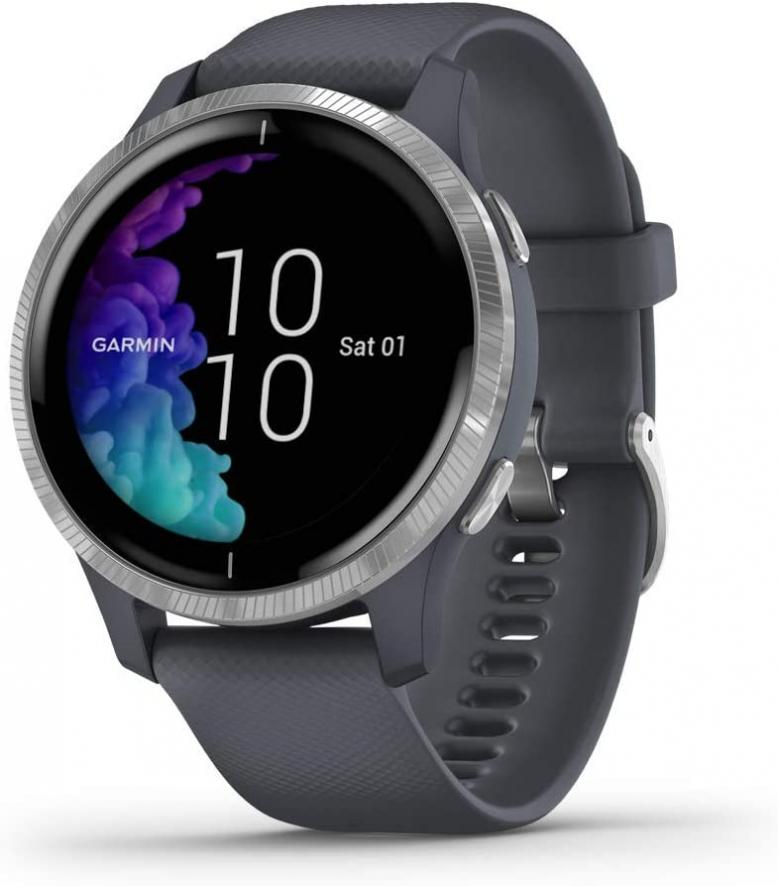 Garmin Venu, GPS Smartwatch with Bright Touchscreen Display, Features Music, Body Energy Monitoring, Animated Workouts, Pulse Ox Sensor and More, Silver with Dark Gray Band (Renewed)