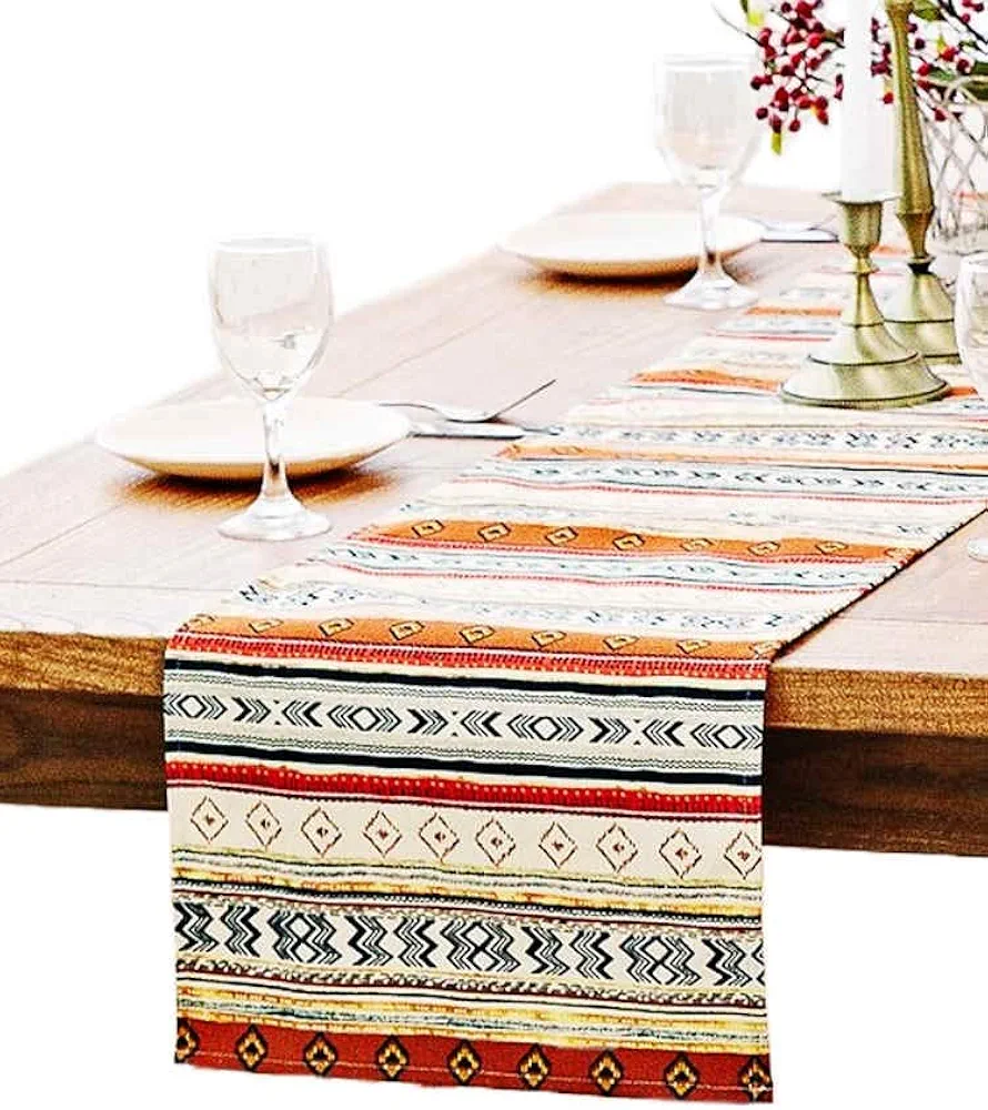 Antique Southwestern Native Design Table Runner Cloth, Boho Cotton Geometric Striped Pattern Tribal Table Cover for Farmhouse Home Dinning Living Room Western Style Party Decor (12 X 48 inch)