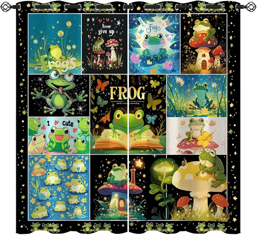 Cartoon Frogs Blackout Curtains for Girls Boys Kids Home Decor, Cute Funny Colorful Fantasy Mushroom Grommet Thermal Insulated Drapes Darkening Window Curtain for Bedroom Living Room, 42 x 63 Inch