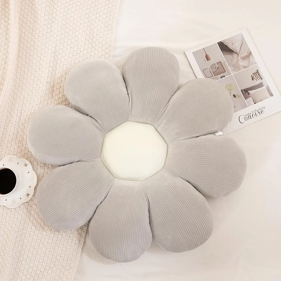 Menoeceus Flower Pillow, Daisy Pillow Flower Shaped Pillow Floor Pillow Flower Plush Pillow Cute Decorative Pillows Floor Cushions Flower Seat Cushion for Bedroom Sofa Chair(Grey, 15.75")