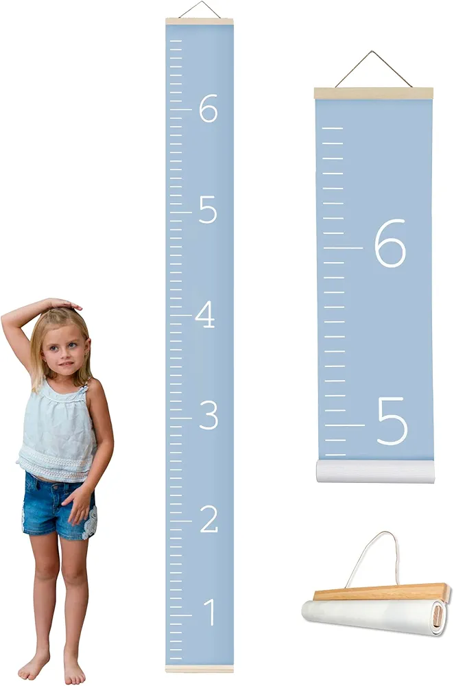 Canvas Growth Chart for Kids - Unisex Kids Room Wall Decor - Measuring Height Chart- Wall Tape with Height Chart for Kids (plain blue)