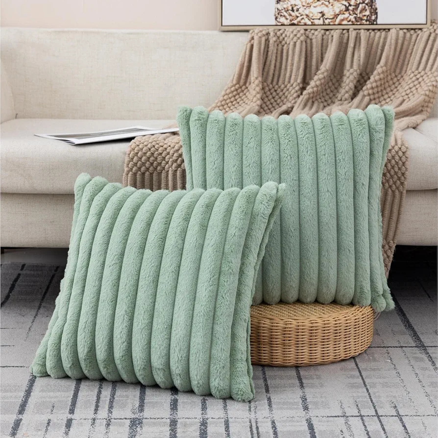 ZLINA Set of 2 Faux Fur Plush Decorative Throw Pillow Covers Fluffy Striped Pillowcase Cushion Covers for Sofa Couch Bedroom Living Room (24 x 24-Inch, Light Green)