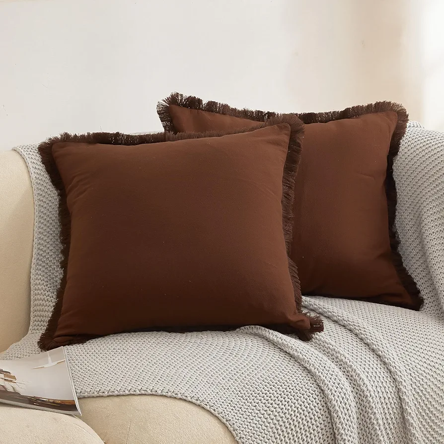 Cotton Decorative Throw Pillow Covers 18x18 Set of 2 Couch Pillow Cover with Upgraded Durable Zipper Tassel Edge Cushion Cases for Sofa Car Bedroom Living Room, Brown