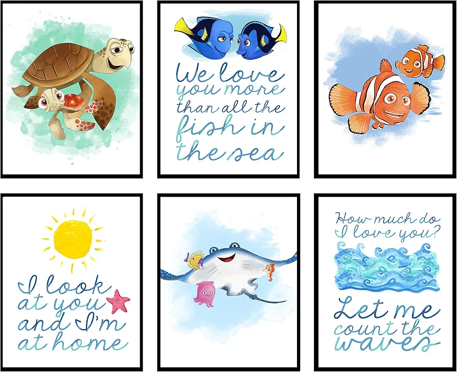 Silly Goose Gifts Nemo Fish Watercolor Ocean Themed Character - Kids Room Wall Art Prints - Toddler Boy Girl Room Decor with Cute Room Reminders & Quotes - Made in USA - No Frames Included - I'm Home Set of Six, 8x10in