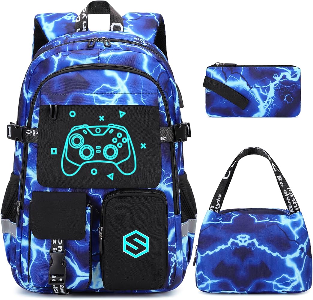 Boys Backpack, Cool Luminous School Backpacks for Boys with Lunch Bag Pencil Case, Kids Backpack Kindergarten Elementary Middle School Book Bags for Teen Boys Children with USB Charging Port