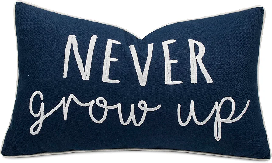 Never Grow Up Embroidered Lumbar Throw Pillow Cover - Nursery Decor, Boys Room - 12x20 Inches, Navy Blue