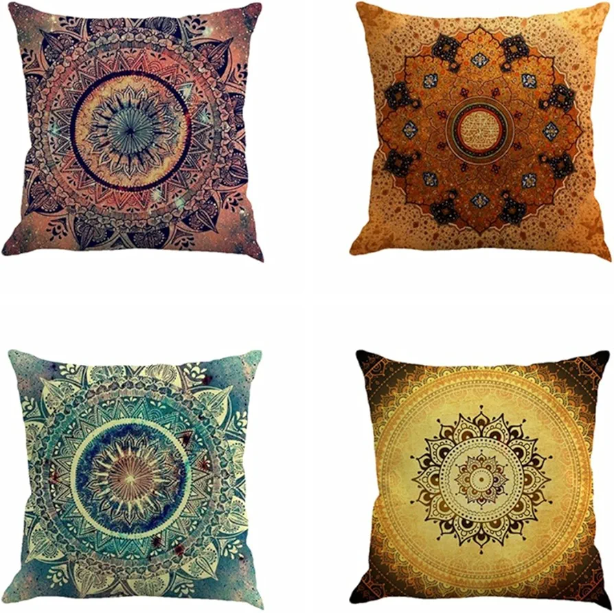 Jartinle Set of 4 Retro Floral Mandala Compass Medallion Bohemian Pillow Covers Boho Decor Hippie Throw Pillows Decorative for Sofa Couch 18 x 18